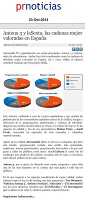 20141003 Personality Media - PrNoticias - Antena 3 y laSexta cadenas mejor valoradas en Espana.jpg